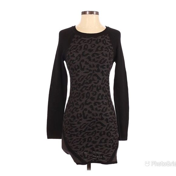 R+J COUTURE Leopard Print Sweater Dress Fitted Raglan‎ Sleeve Black Gray Small - Picture 11 of 11